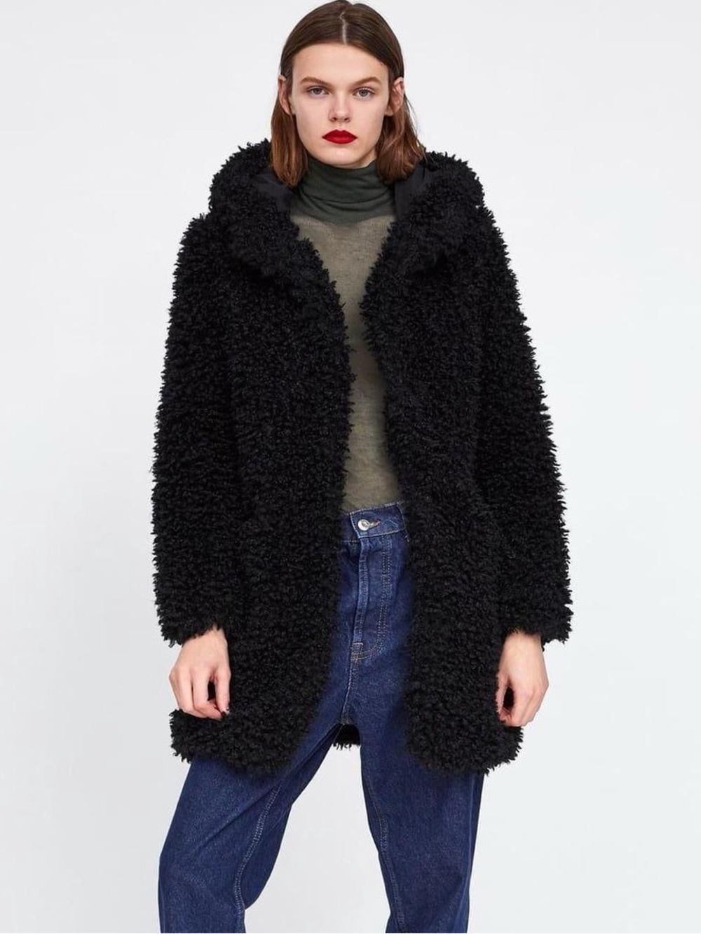 ZARA Oversized Black Shaggy Teddy Bear Coat with
